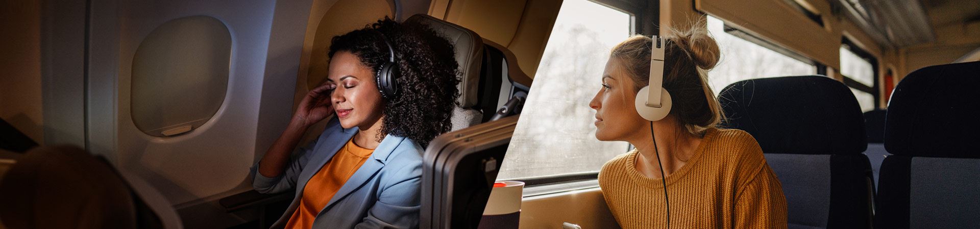 On the left, a photograph of a woman sitting comfortably inside an airplane. On the right, a photograph of another woman sitting inside a train, looking out the window. Both of them are using headphones. The ambiance on the plane and train is calm, with no other people visible. 