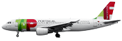 Seitenansicht eines Airbus A320-200 am Boden. Das Flugzeug ist weiß und trägt das Logo von TAP Air Portugal an der Spitze und am Heck. Über den hinteren Fenstern ist der Link flytap.com zu lesen.