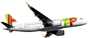 Lato dell'Airbus A320-200neo in aria. L'aereo è bianco e ha il logo TAP Air Portugal all'inizio della fiancata, sul timone e sull'estremità delle ali dell'aereo. Sopra gli ultimi finestrini c'è il link flytap.com.