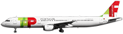 Seitenansicht eines Airbus A321-200 am Boden. Das Flugzeug ist weiß und trägt das Logo von TAP Air Portugal an der Spitze und am Heck. Über den hinteren Fenstern ist der Link flytap.com zu lesen.