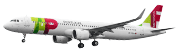Costado del Airbus A321-200LR, con ruedas visibles, despegando. El avión es blanco y tiene el logo de TAP Air Portugal al principio y en el timón del avión. Sobre las últimas ventanas, se lee el enlace flytap.com.