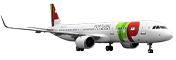 Isometrische Ansicht eines Airbus A321-200neo. Das Flugzeug ist weiß und befindet sich am Boden. Es trägt das Logo von TAP Air Portugal an der Spitze und am Heck.