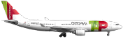 Вид сбоку на самолет Airbus A330-200 на земле. Самолет белого цвета с логотипом TAP Air Portugal на носу и на штурвале. Над последними окнами можно прочитать ссылку flytap.com.