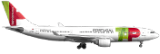 Seitenansicht eines Airbus A330-200 am Boden. Das Flugzeug ist weiß und trägt das Logo von TAP Air Portugal an der Spitze und am Heck. Über den hinteren Fenstern ist der Link flytap.com zu lesen.