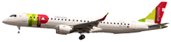 Seitenansicht einer Embraer 195 beim Abheben mit sichtbaren Rädern. Das Flugzeug ist weiß und trägt das Logo von TAP Air Portugal Express vorne seitlich, am Heck und an den Spitzen der Tragflächen. Über den hinteren Fenstern ist der Link flytap.com zu lesen.