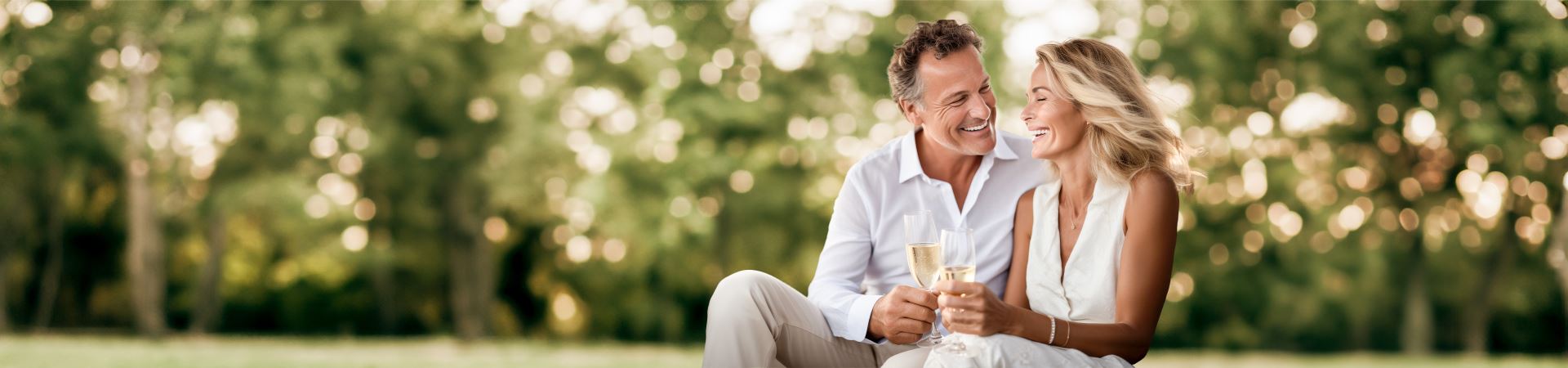 Esta fotografia mostra um casal - um senhor e uma senhora - sentados e a sorrirem um para o outro. Ambos seguram um copo de champanhe na mão. Como plano de fundo vê-se árvores e muito espaço verde.