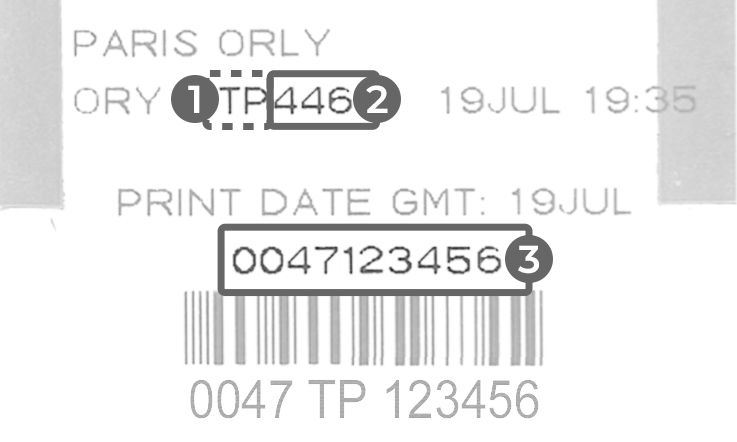 Gros plan sur une étiquette de bagage pour un vol destination Paris – Orly, où se distinguent trois informations de réservation, mises en évidence dans l'image par un indicateur visuel et un numéro. La surbrillance 1 affiche le texte « TP », correspondant au code de la compagnie aérienne ; la surbrillance 2 affiche le texte « 446 », correspondant au numéro de vol, et la surbrillance 3, affiche un code numérique correspondant au numéro d'étiquette du bagage.