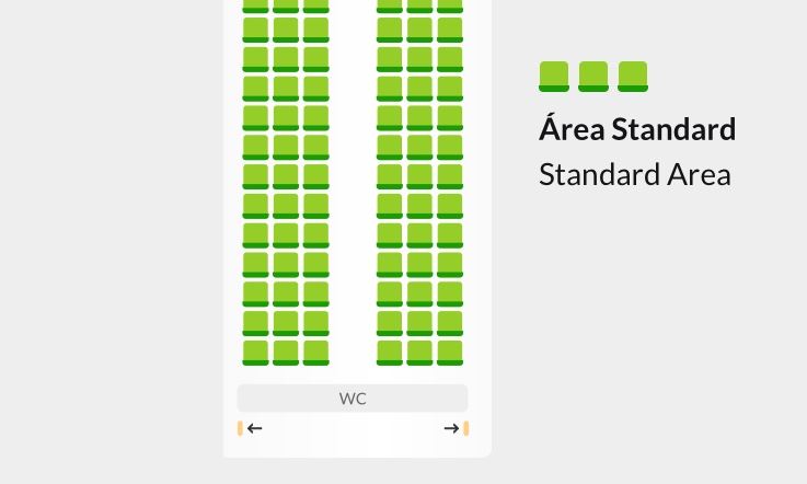 Desenho branco sobre fundo cinza, retratando a seção traseira de um mapa de assentos de avião visto de cima. Ele mostra doze fileiras de assentos, com seis assentos por fileira (três à direita e três à esquerda), destacadas em verde. Em seguida, há uma área cinza com a legenda "WC". Em seguida, há duas setas nas laterais apontando para a saída de emergência. No canto superior direito da imagem, há três assentos verdes com a legenda "Área Standard | Standard Area". 