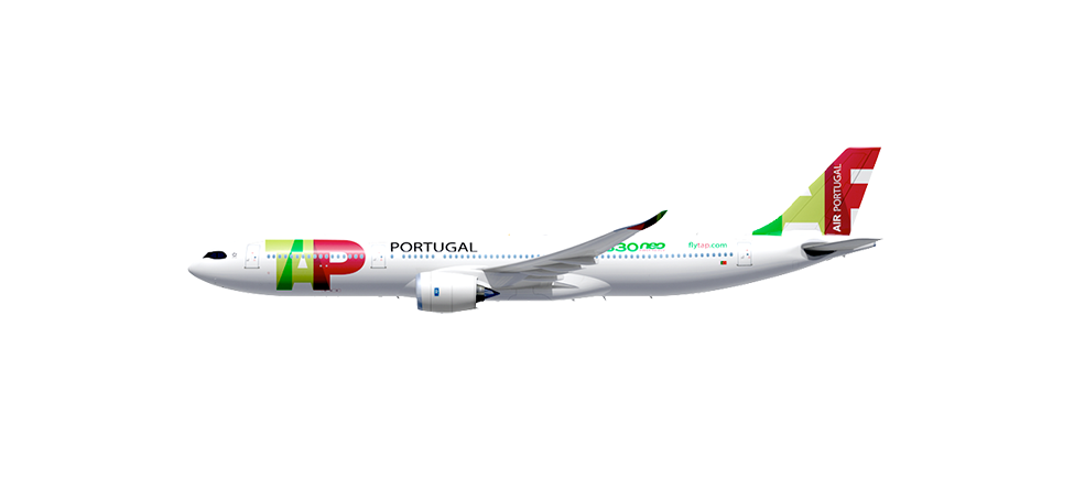 Côté de l'Airbus A330-900neo, blanc, avec le logo TAP Air Portugal au début de l'avion et sur le gouvernail de l'avion. Il porte, au dessus des dernières fenêtres, le logo A330neo et le lien flytap.com.