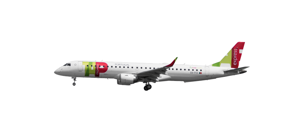 Côté de l'Embraer 195, avec les roues visibles, décollant. L'avion est blanc et porte le logo TAP Air Portugal Express au début du côté, sur le gouvernail et au bout des ailes de l'avion. Au dessus des dernières fenêtres, le lien flytap.com est lisible.