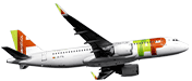 Lato dell'Airbus A320-200neo in aria. L'aereo è bianco e ha il logo TAP Air Portugal all'inizio della fiancata, sul timone e sull'estremità delle ali dell'aereo. Sopra gli ultimi finestrini c'è il link flytap.com.