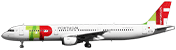 Lateral do Airbus A321-200, pousado. O avião é branco, com o logótipo da TAP Air Portugal no início e no leme do avião. Acima das últimas janelas, lê-se o link flytap.com.
