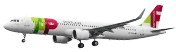 Costado del Airbus A321-200LR, con ruedas visibles, despegando. El avión es blanco y tiene el logo de TAP Air Portugal al principio y en el timón del avión. Sobre las últimas ventanas, se lee el enlace flytap.com.