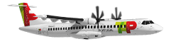Вид сбоку на летящий ATR 72-600 с вращающимися винтами. Самолет белого цвета с логотипом TAP Air Portugal Express на боку и на руле. Над последними окнами можно прочитать ссылку flytap.com. 