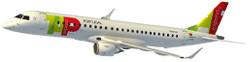 飞行中的 Embraer 190 的侧视图。这架飞机是白色的，在侧面顶部和尾舵上有 TAP Air Portugal Express 标志。在最后一个窗口上方，可以看到链接 flytap.com。
