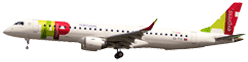 Ujęcie boczne Embraera 195 startującego do lotu z widocznymi kołami. Samolot jest biały i ma logo TAP Air Portugal Express w części dziobowej kadłuba, na ogonie oraz na czubkach skrzydeł. Nad ostatnimi oknami znajduje się czytelny link flytap.com.
