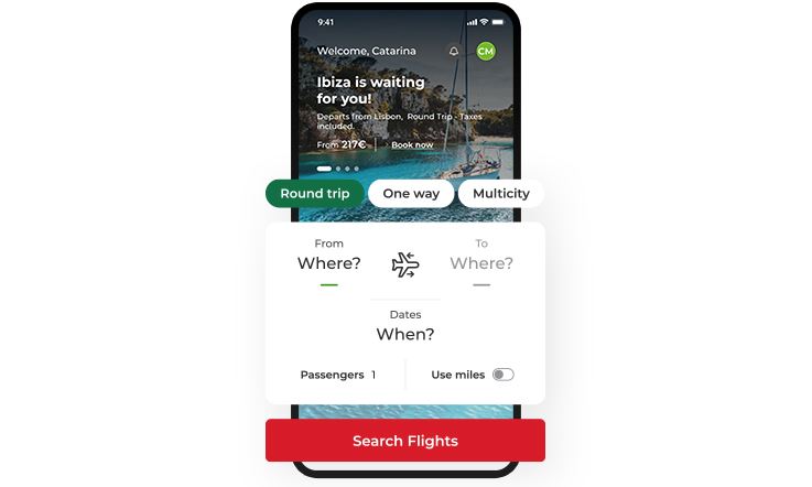 Picture of a mobile phone screen highlighting the process of booking a trip, with the various fields to fill in: one-way, round trip or multi-city flight, origin and destination, dates, number of passengers, and the option to use miles, followed by a red CTA that reads "Search flights." In the background there is a picture of the top of a building in Ibiza.