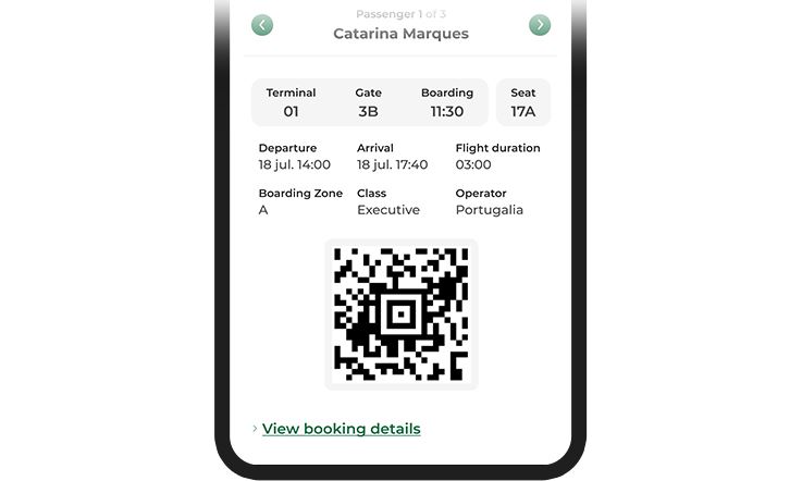 The picture shows three quarters of a mobile phone screen with the details of a boarding pass and a QR Code. In the lower left corner there's a green link that reads "See booking details".