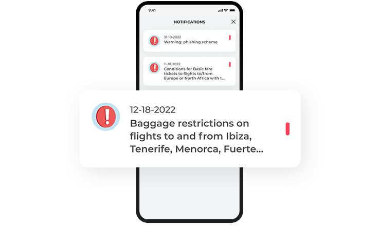 Picture of a mobile phone screen with multiple notification alerts, represented by a red exclamation mark icon. It highlights a white strip across the screen, displaying a full notice with the date and baggage restrictions for some destinations.